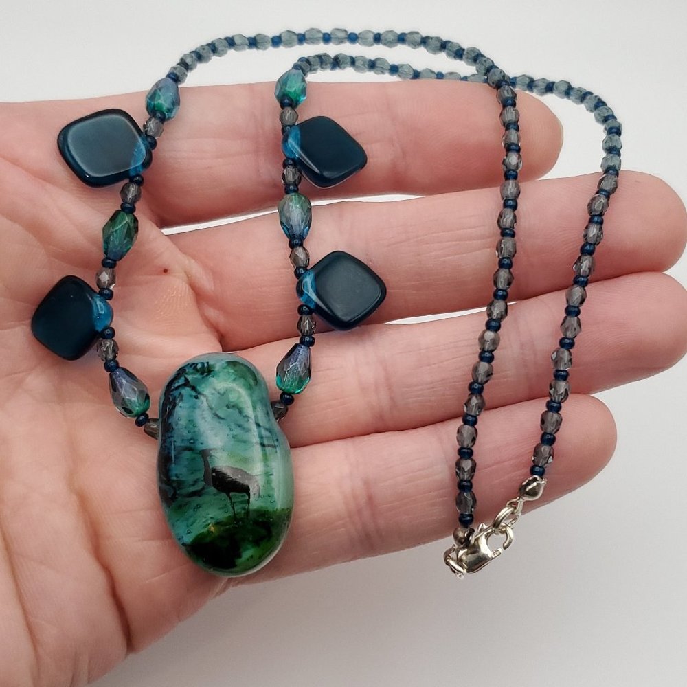 16 Inch 925 Sterling Silver Handmade Nature Scene Glass Pendant Necklace